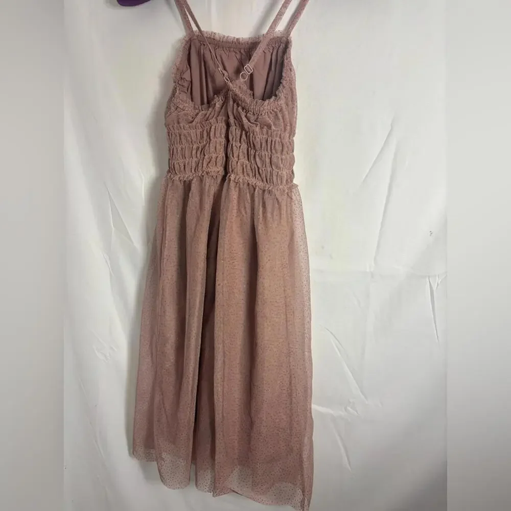 Dusty Rose Glitter Polka Dot Babydoll Cross back Mesh Fairy Midi Dress‎ Size S-M